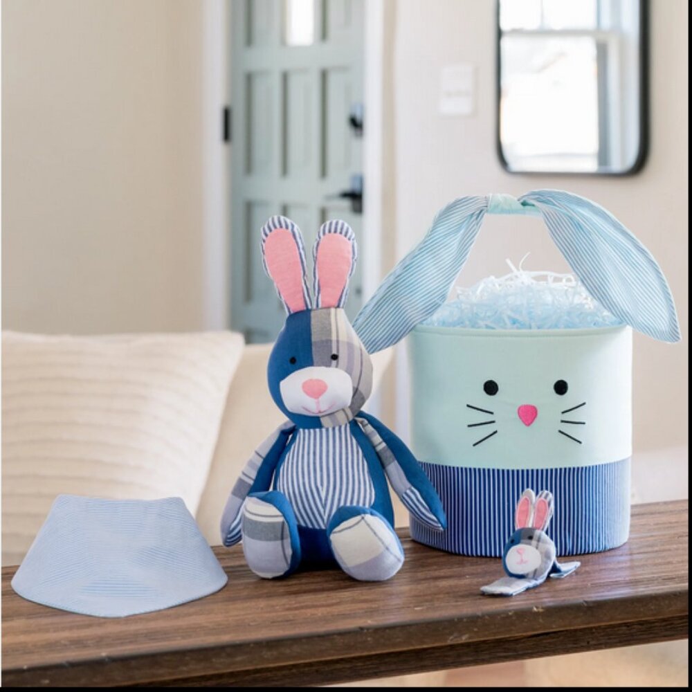 Newborn Baby Gift Basket With BLUE Bunny Plush Toy, Bib, Rattle  - New Mom Gift